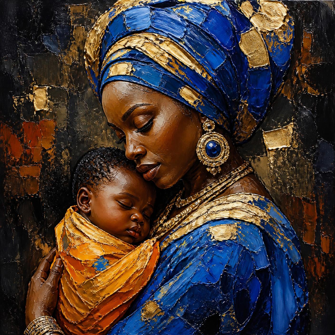 Painting of a mother in a blue and gold headwrap holding her sleeping child
